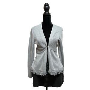 Anthropologie Sparrow grand drape cardigan fringe trim women's M peplum boho